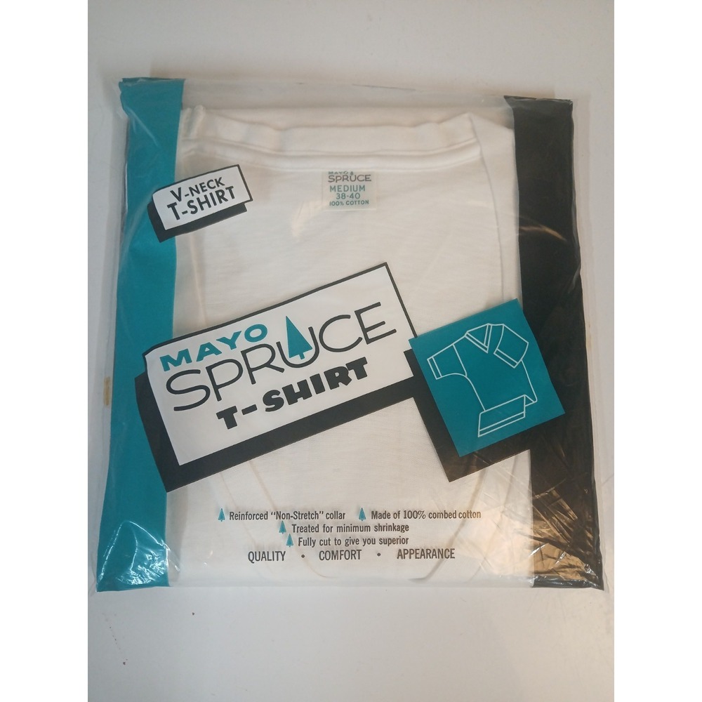 VTG 1960s Mayo Spruce V Neck T Shirt Mens M White Deadstock NOS Sealed USA